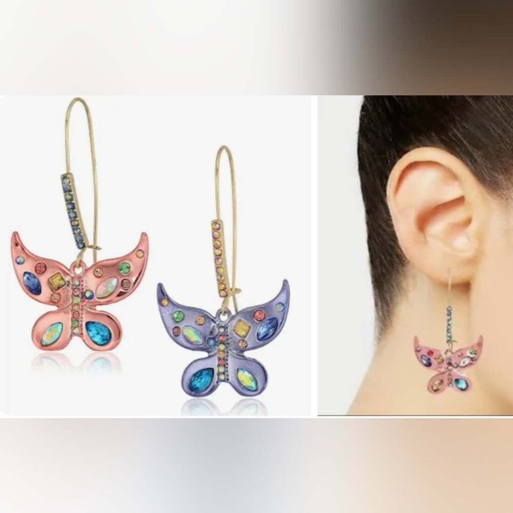 Betsey Johnson NEW Pastel Pink Purple Butterfly Iridescent Rhinestone Earrings